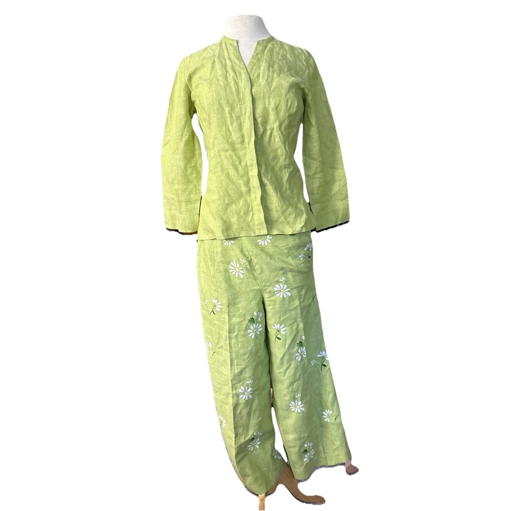 Vtg Talbots 100% Irish Linen Sz 4 Set Shirt Pants Daisy Embroidered Floral Green